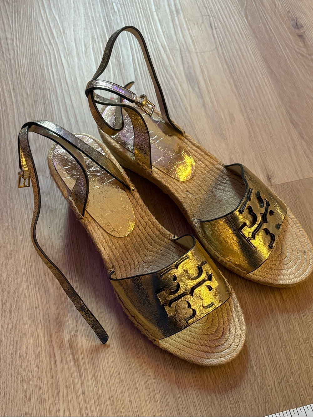 Tory Burch Ines Metallic Double T Wedge Espadrilles
